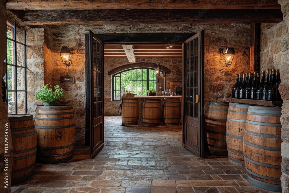 Wine cellar entrance showing barrels and tasting room with stone walls and wooden beams Wine cellar entrance showing barrels and tasting room with stone walls and wooden beams