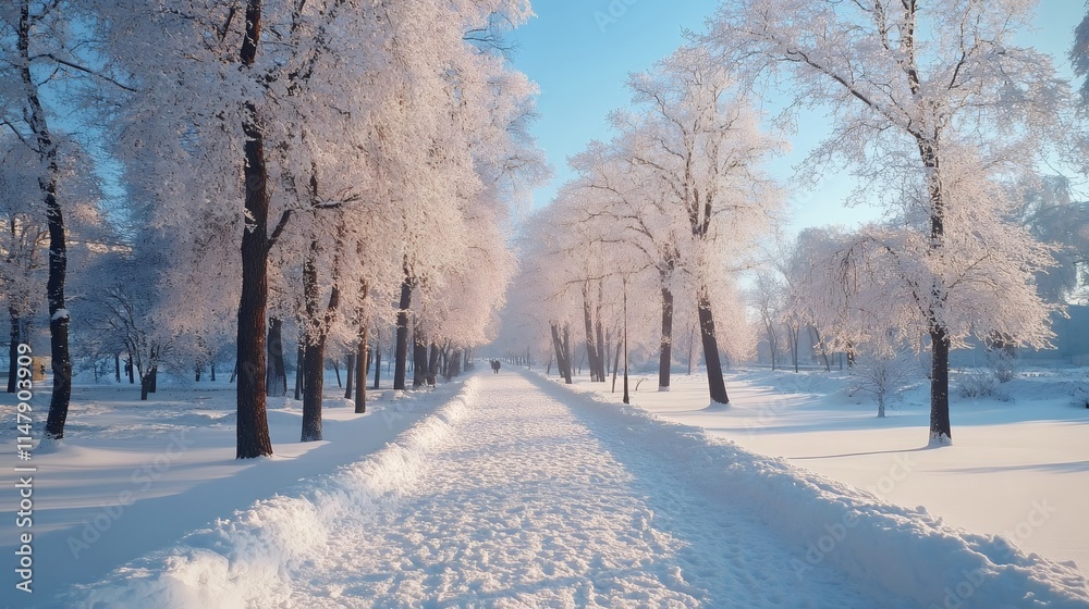 Winter wonderland path covered in snow with frost covered trees Winter wonderland path covered in snow with frost covered trees