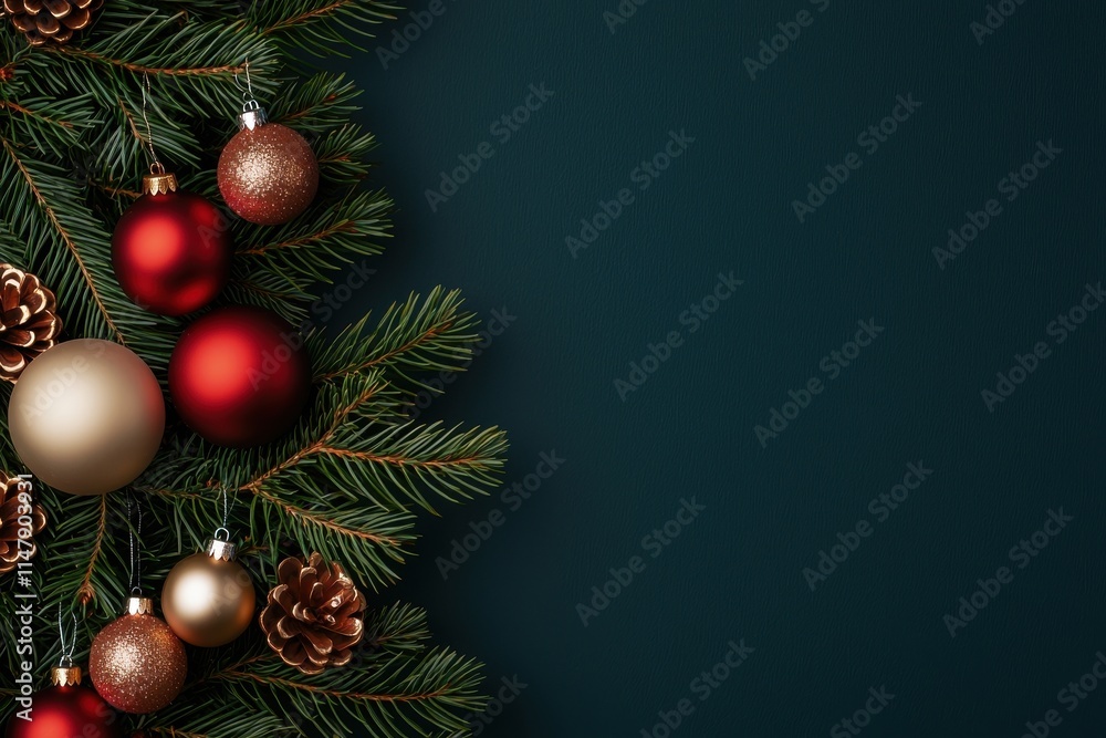 Festive Christmas Background Red Gold Ornaments Pine Branches Holiday Decor Festive Christmas Background Red Gold Ornaments Pine Branches Holiday Decor