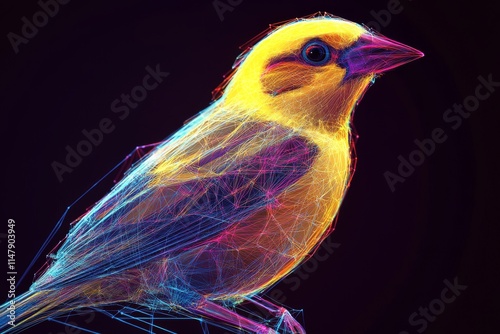 A striking digital illustration of a neon-colored bird featuring intricate geometric patterns, set against a dark background. photo