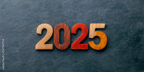 Wooden digits 2025 positioned on dark slate surface, representing new year anticipation with vibrant colors signaling fresh beginnings and optimistic expectations