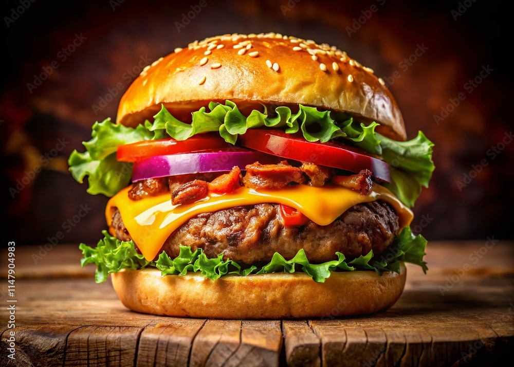 Juicy Burger Portrait Photography: Delicious Gourmet Burger Close Up Shot Juicy Burger Portrait Photography: Delicious Gourmet Burger Close Up Shot