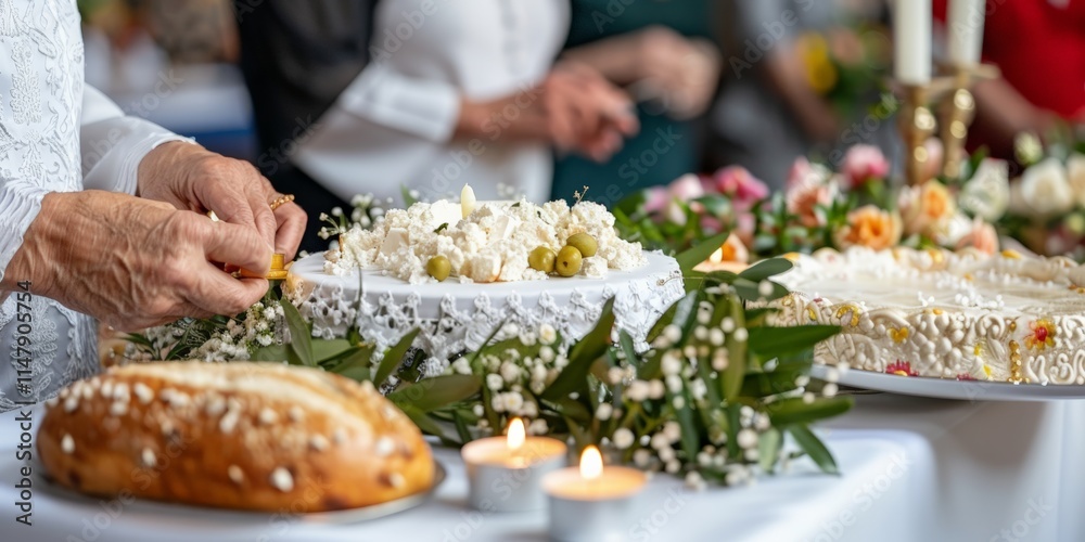 Saint Basil's Day.Traditional festive bread adorned with olives and greenery, set in a church environment during a religious ceremony.
