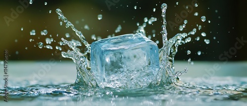 Ice cube splashes in water, refreshing moment. photo