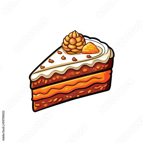 A delectable slice of moist carrot cake, topped with a generous swirl of creamy, tangy cream cheese frosting.  Grated carrots are visible within the cake.