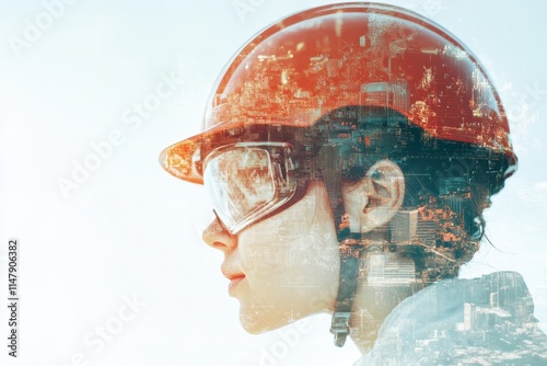 Profile of a person in safety helmet and goggles with abstract city backdrop showcasing construction and engineering themes. Generative AI photo