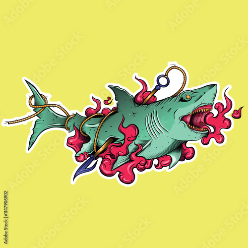 Detailed illustration of a shark being pierced with a harpoon and the blood spreading underwater, in color, with a white sticker border
