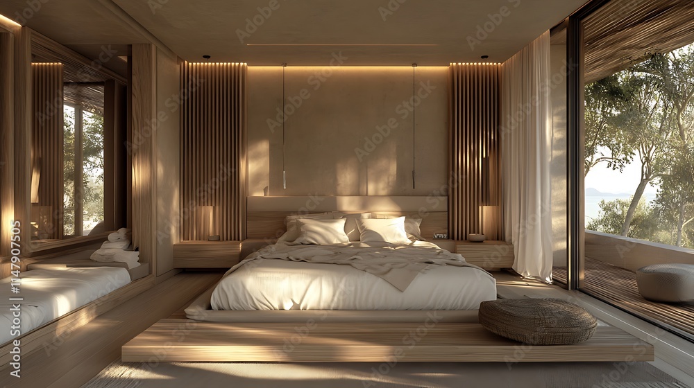 Fototapeta premium Cozy modern bedroom with soft neutral bedding wood details and minimal decor for relaxation