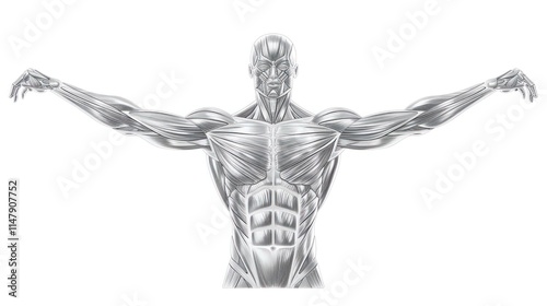 Detailed and highly digital showcasing the complex musculature and anatomy of a fit athletic male body  The image highlights the intricate details of the chest arms and shoulder regions photo