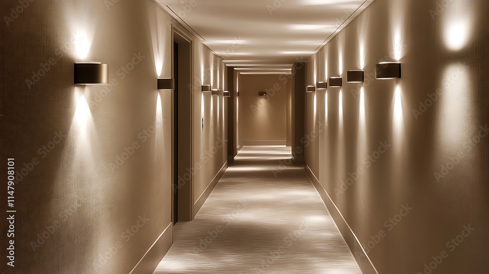 Stylish minimalist hallway with clean neutral walls elegant modern lighting and textured flooring Stylish minimalist hallway with clean neutral walls elegant modern lighting and textured flooring