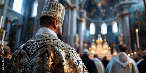 Saint Basil's Day.A stunning Orthodox church interior with a priest conducting a sacred ceremony under golden light.