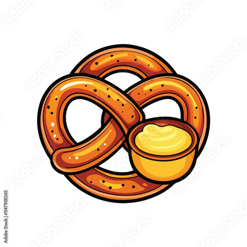 Close-up shot of a warm, soft pretzel sprinkled with coarse salt grains, paired with a mustard dipping cup.