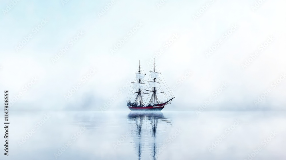Fototapeta premium A lone sailing ship glides serenely across a calm, misty sea, its reflection mirroring the tranquil scene.