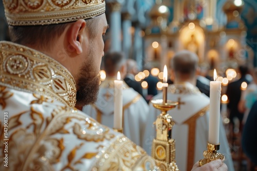 Saint Basil's Day.Orthodox priest in ornate golden vestments standing during a religious service in a traditional church. photo