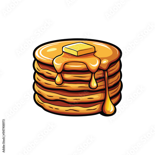A delectable stack of golden-brown, fluffy pancakes, glistening with melted butter and rich syrup, ready to be devoured.