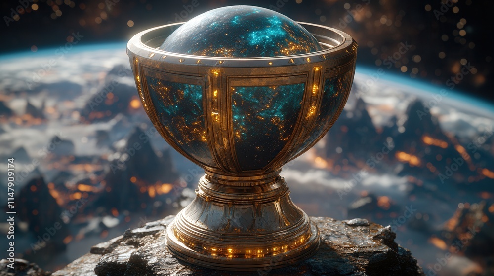 A futuristic globe resting on a pedestal amidst a cosmic landscape, symbolizing exploration and knowledge. A futuristic globe resting on a pedestal amidst a cosmic landscape, symbolizing exploration and knowledge.