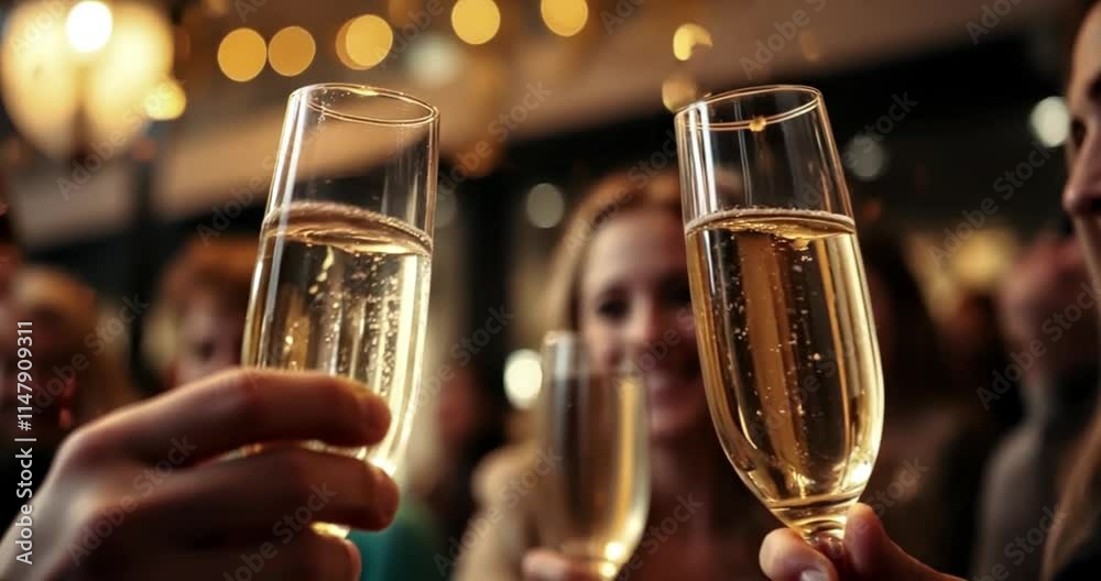 A candid, extreme close-up street footage depicting champagne flutes clinking during a New Year's Eve celebration, The image emphasizes the golden confetti and warm lighting.