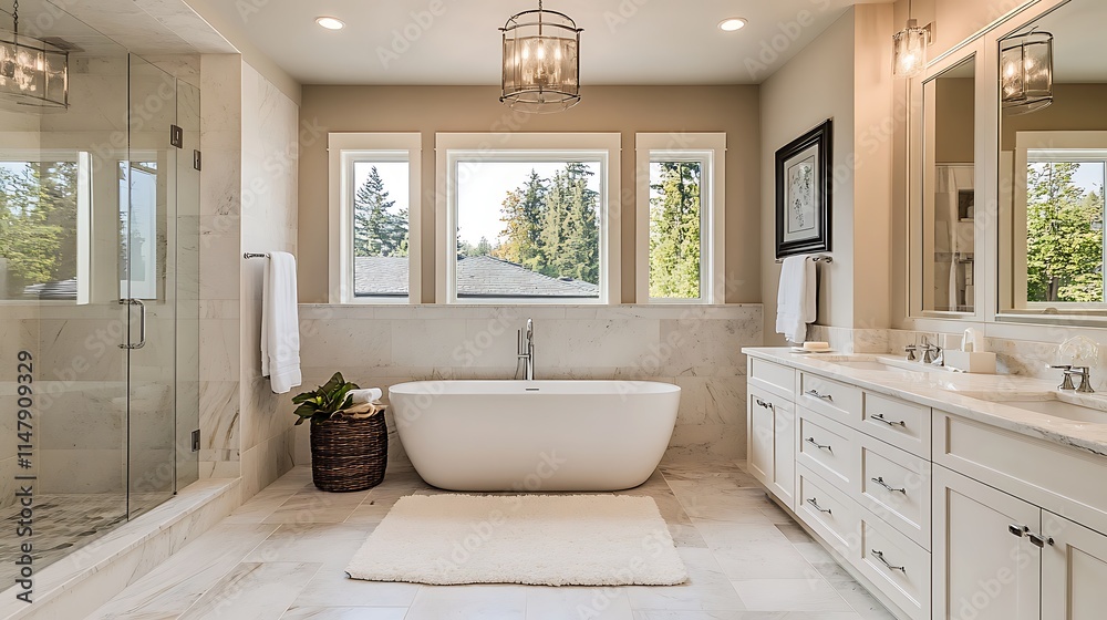 Modern bathroom with neutral color palettes soft lighting and sleek contemporary fixtures Modern bathroom with neutral color palettes soft lighting and sleek contemporary fixtures