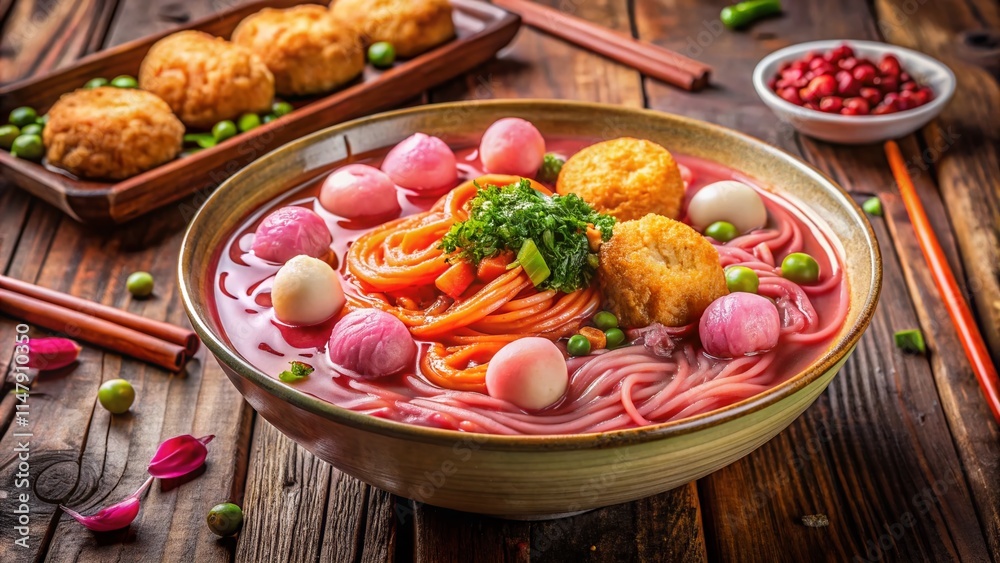 Delicious Pink Noodles Soup with Fried Shrimp & Fish Balls, Red Bean Curd Sauce - Mouthwatering Asian Cuisine Delicious Pink Noodles Soup with Fried Shrimp & Fish Balls, Red Bean Curd Sauce - Mouthwatering Asian Cuisine