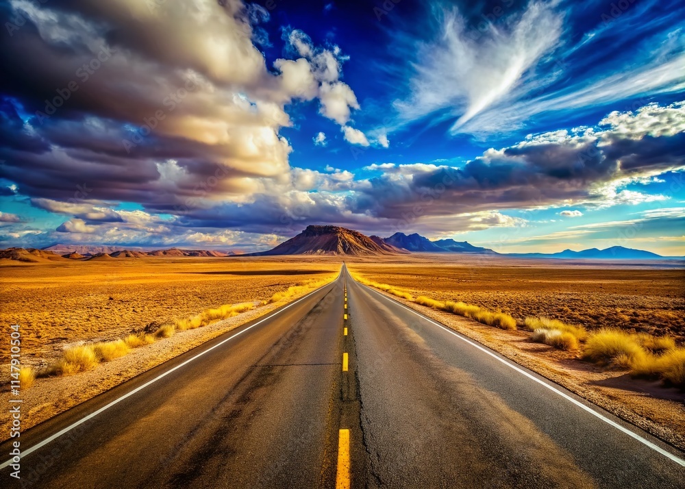 Naklejka premium Desert Highway, Vast Landscape, Documentary Photography, AI Art