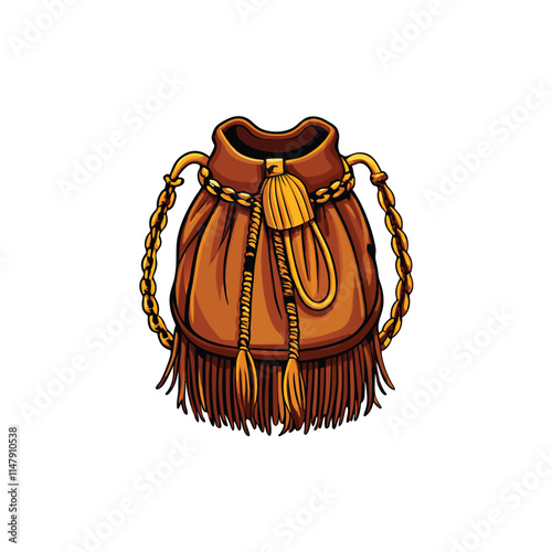 Stylish suede bucket bag featuring intricate fringe detailing and a golden clasp; luxurious texture and bohemian aesthetic.