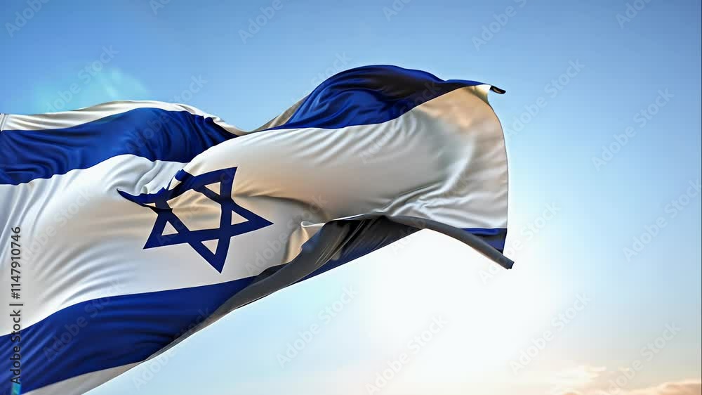 Israeli flag rippling softly, its white field and blue Star of David glowing gently under a sunny sky