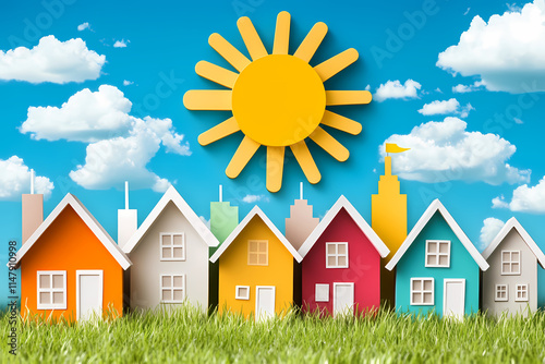 A row of colorful houses with a sun in the middle