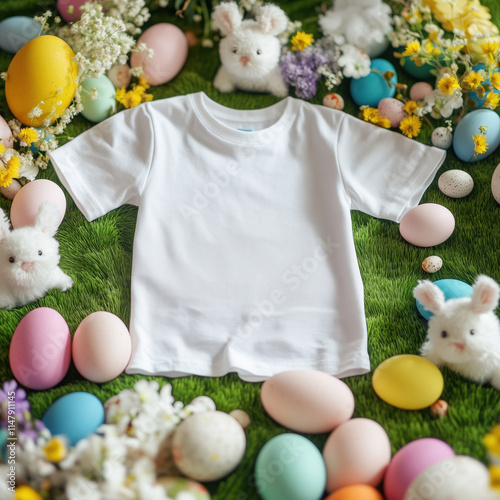 Kids white short sleeve tshirt mockup flat lays on green grass background, Easter eggs, toy bunnies nearby. Lying Bella Canvas mock up. Blank children t-shirt template. Basic unisex unfolded tee mock  photo