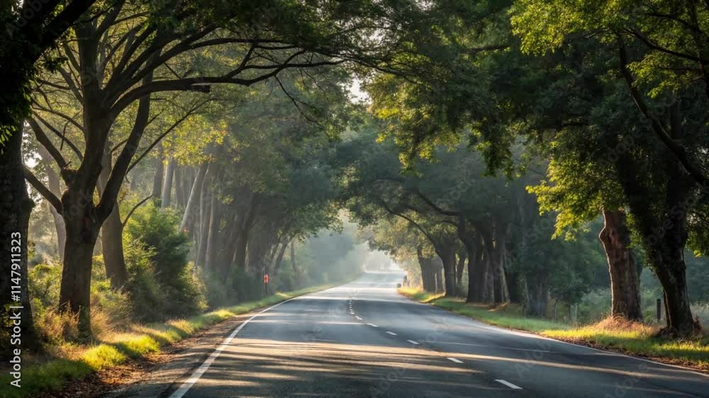 Driving on a Quiet Road with Trees on Both Sides, Calm and Peaceful Journey Driving on a Quiet Road with Trees on Both Sides, Calm and Peaceful Journey