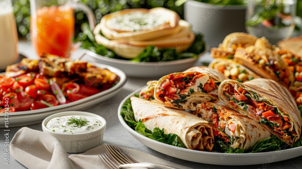 National Buffet Day. A selection of Mediterranean-style wraps and fresh salads beautifully presented on a buffet table. National Buffet Day. A selection of Mediterranean-style wraps and fresh salads beautifully presented on a buffet table.