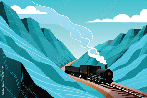 A majestic steam train navigates a treacherous, winding mountain pass, showcasing rugged cliffs and dramatic scenery.