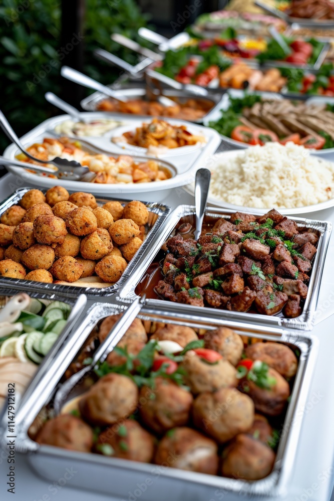 National Buffet Day.Diverse buffet with a variety of dishes, including meats, rice, and vegetables. National Buffet Day.Diverse buffet with a variety of dishes, including meats, rice, and vegetables.