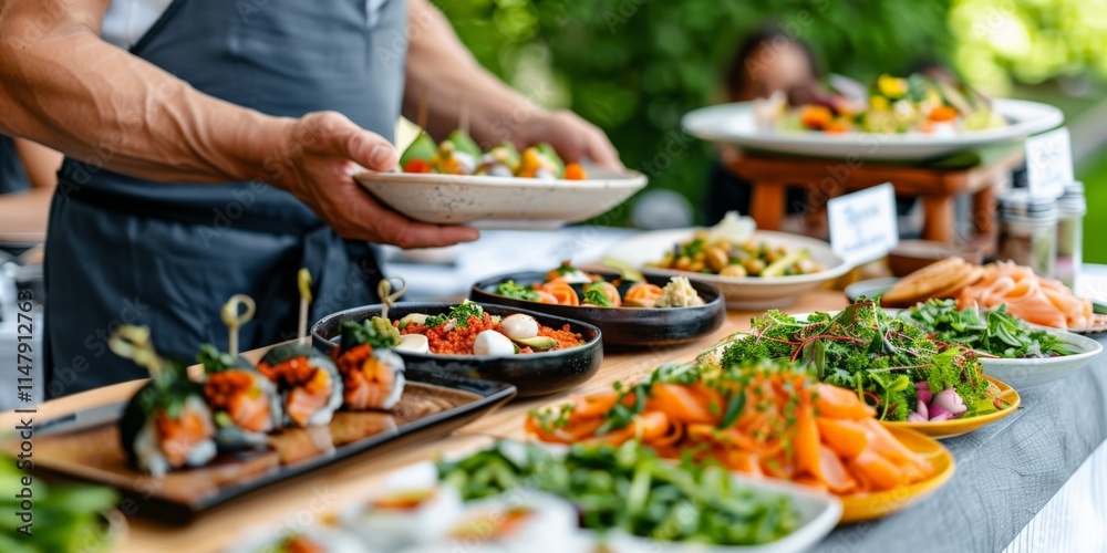 Obraz premium National Buffet Day.Close-up of sushi rolls with vibrant toppings on a buffet spread.