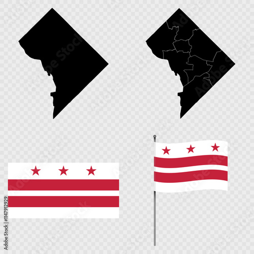 Set of map and map with province, flag and flagpole of Washington DC. Vector illustration.