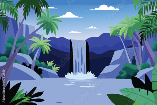 Lush, vibrant tropical rainforest scene revealing a hidden cascading waterfall, sunlight dappling through dense foliage.