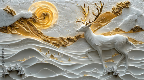 Elegant White Deer in Gold Mountain Landscape,  A Stunning Relief Art Piece Depicting a Serene Winter Scene with a Golden Sun