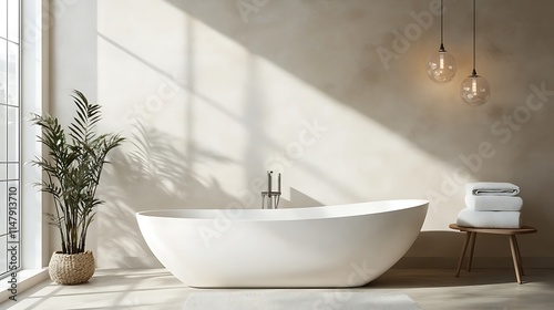 Modern minimalist bathroom with stylish clean fixtures textured walls and natural lighting