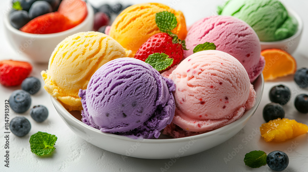 Colorful Ice Cream Scoops with Fresh Berries and Fruit Colorful Ice Cream Scoops with Fresh Berries and Fruit