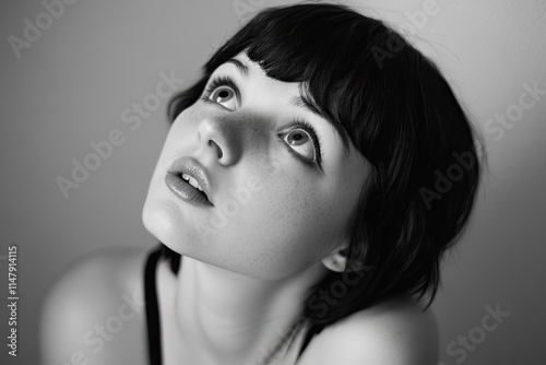 Woman making a pouty face with puppy eyes, looking up in a pleading expression