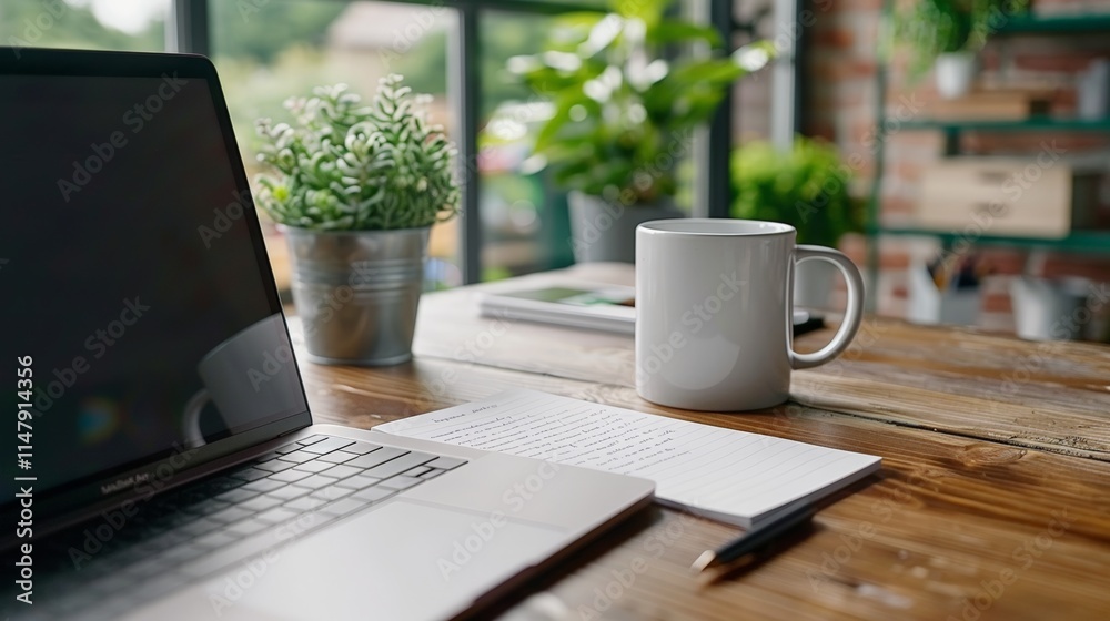 Fototapeta premium Motivation and Inspiration Day.A minimalistic home workspace with a laptop, coffee cup, and potted plant near a window.