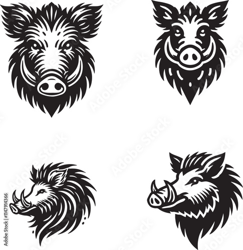 4 Set of Black Boar Face Silhouettes Isolated on White Background