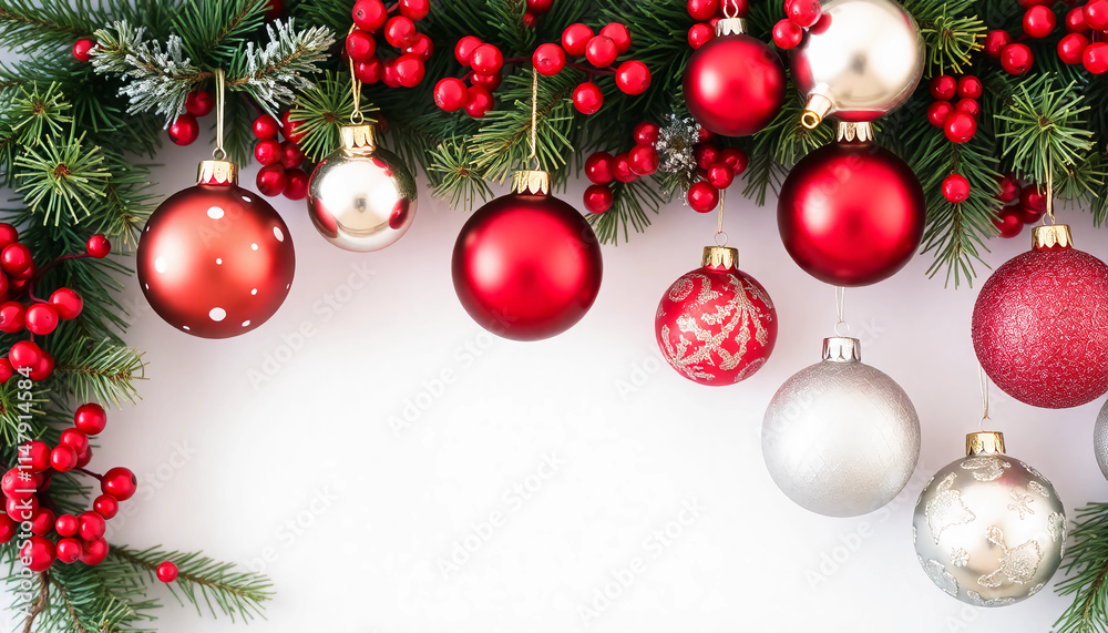 Fototapeta premium A festive Christmas border featuring evergreen branches adorned with red and white ornaments, red berries, and silver snowflakes, against a white background.