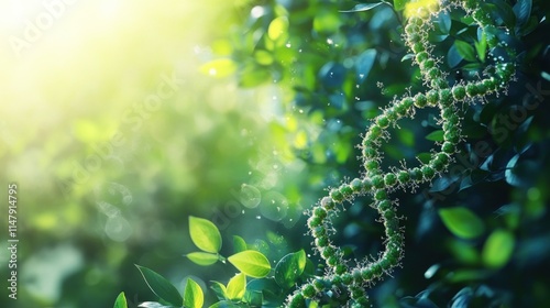 DNA strand in lush green foliage.