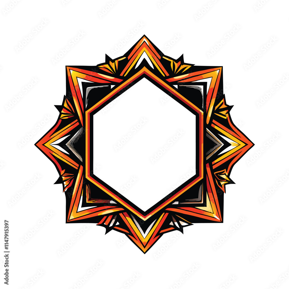 Create a vector graphic of a bold, abstract geometric frame, featuring sharp angles and vibrant color blocks. Design should be modern and visually striking. Create a vector graphic of a bold, abstract geometric frame, featuring sharp angles and vibrant color blocks. Design should be modern and visually striking.