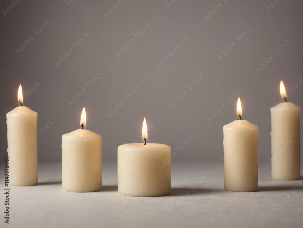 five lit candles arranged in a row. They are all cylindrical and of similar size, with a warm, soft glow emanating from their flames. The background is a plain, neutral color five lit candles arranged in a row. They are all cylindrical and of similar size, with a warm, soft glow emanating from their flames. The background is a plain, neutral color