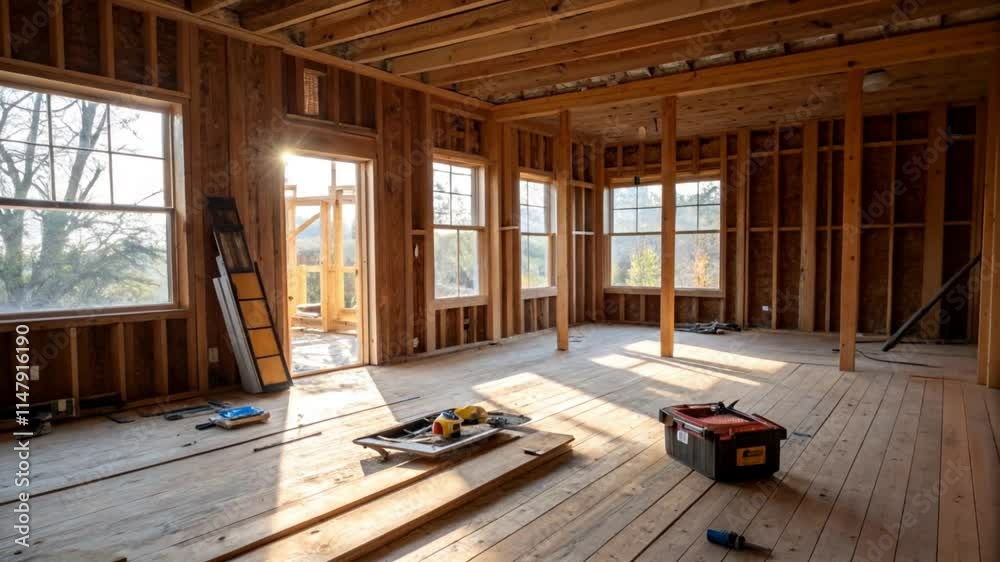 Empty Room with Exposed Wooden Studs and Sunlight, Under Construction Interior Empty Room with Exposed Wooden Studs and Sunlight, Under Construction Interior