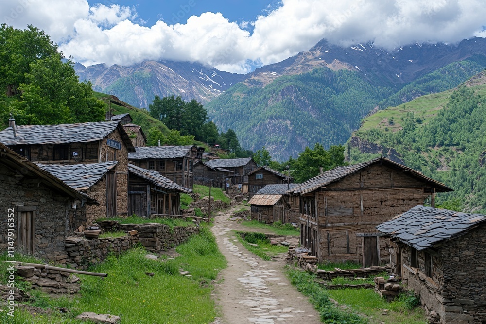 Mountain village with stone houses and dirt road. Mountain village with stone houses and dirt road.