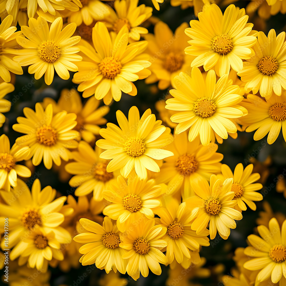 Vibrant Yellow Daisies, A Close-Up View of a Cluster of Blooming Flowers in a Garden Setting Vibrant Yellow Daisies, A Close-Up View of a Cluster of Blooming Flowers in a Garden Setting