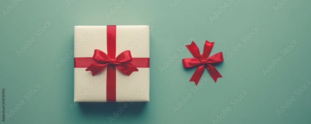 Christmas gift with red ribbon and holiday ornaments in a festive winter flat lay. Frame with blank copy space. Christmas holidays mockup Christmas gift with red ribbon and holiday ornaments in a festive winter flat lay. Frame with blank copy space. Christmas holidays mockup