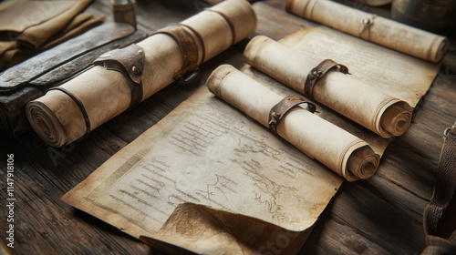 Cartoon parchment rolls, blank scrolls and royal paper banners. Open and convoluted antique manuscript, spell, vintage papyrus with belt and handles. Old map or document game asset isolated vector set photo